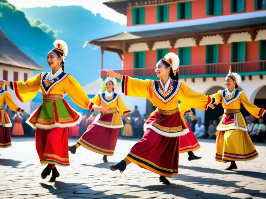 Grupo de bailarines tradicionales en vibrante danza en plaza histórica al atardecer