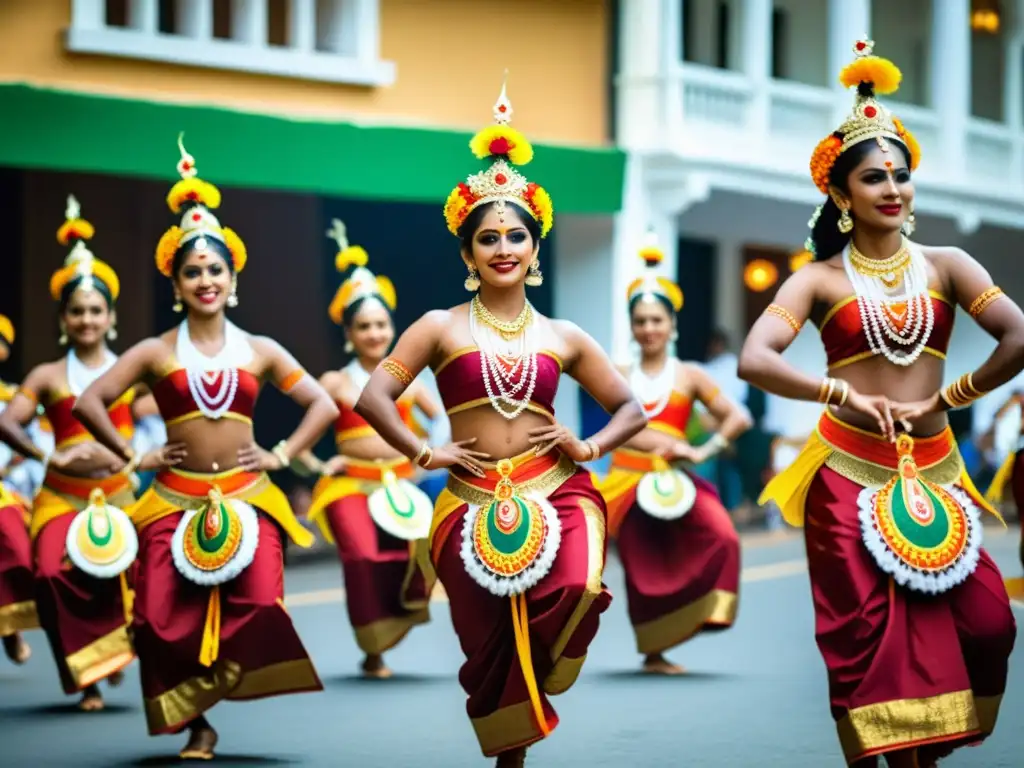 Grupo de bailarines tradicionales en vibrante festival Perahera de Kandy, mostrando la historia y significado cultural de la festividad