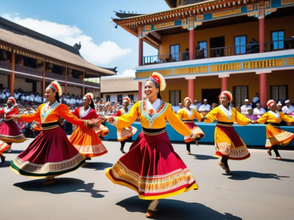 Grupo de bailarines tradicionales en vibrante actuación al atardecer, celebrando el patrimonio cultural, Normativas enseñanza danzas patrimoniales