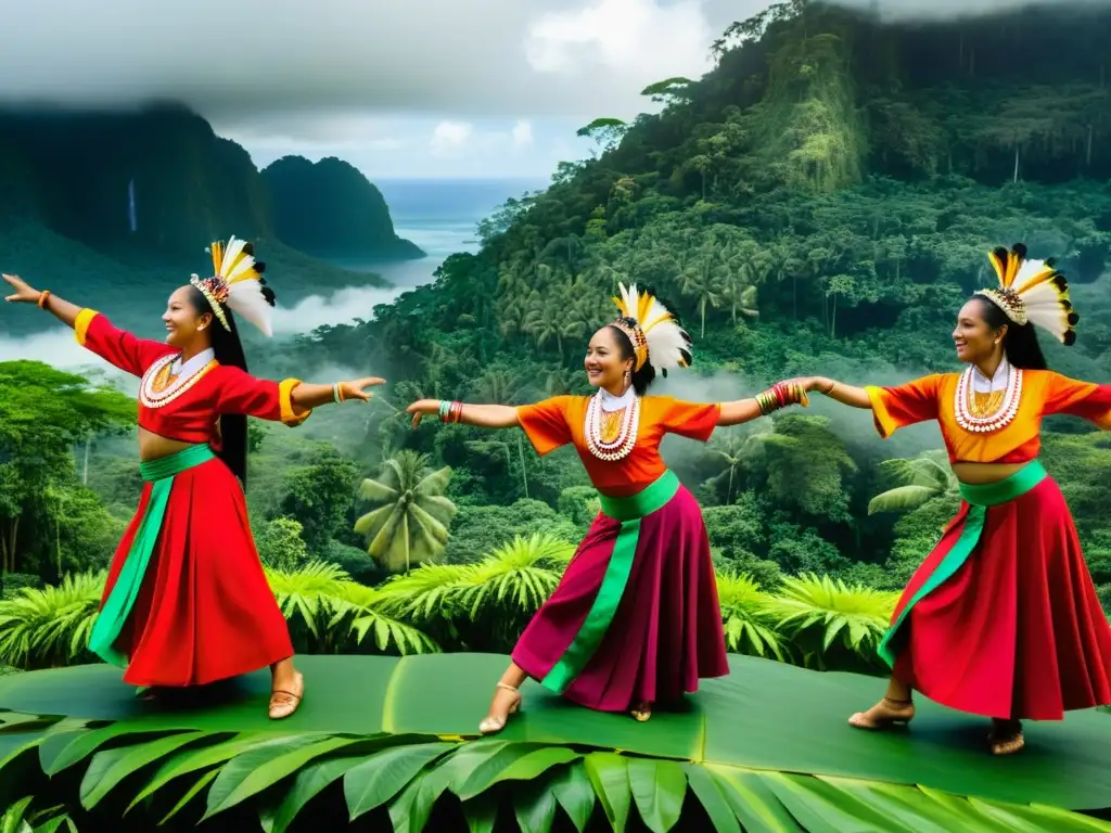 Un grupo de bailarines tradicionales en vibrantes trajes coloridos realizan una rutina animada en la selva tropical