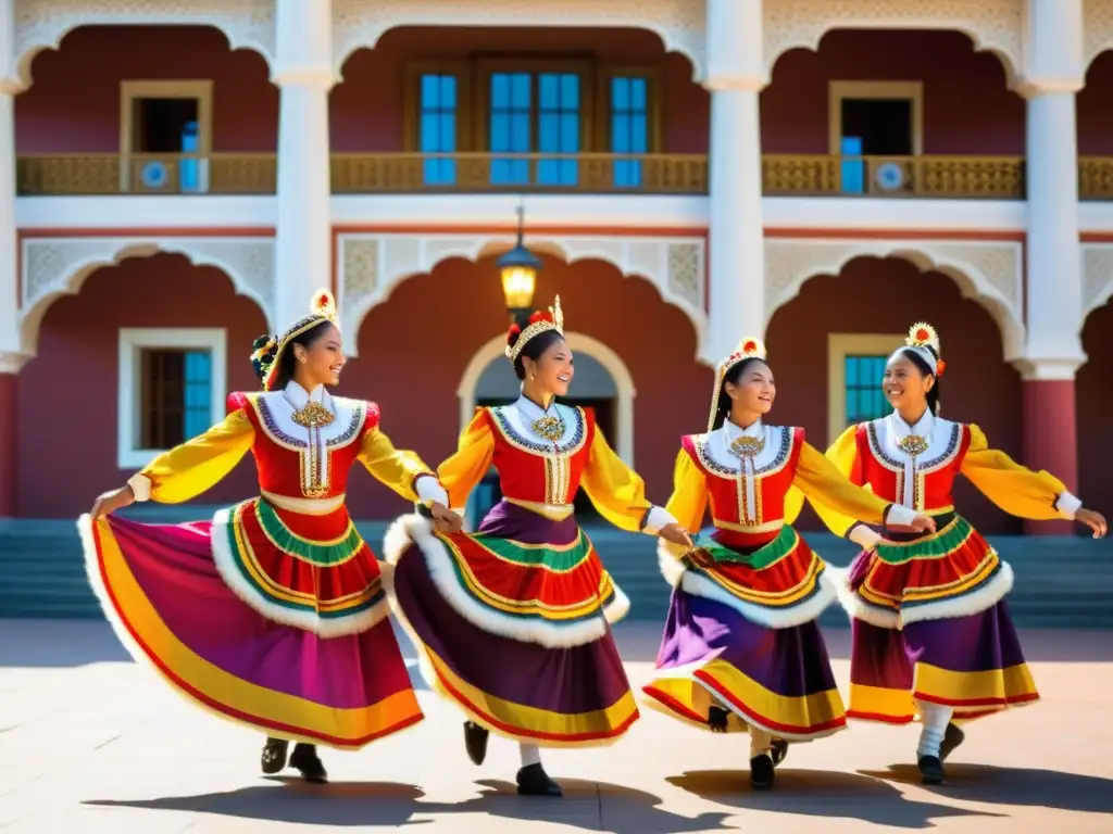 Grupo de bailarines tradicionales en vibrantes trajes, danzando en un centro cultural histórico