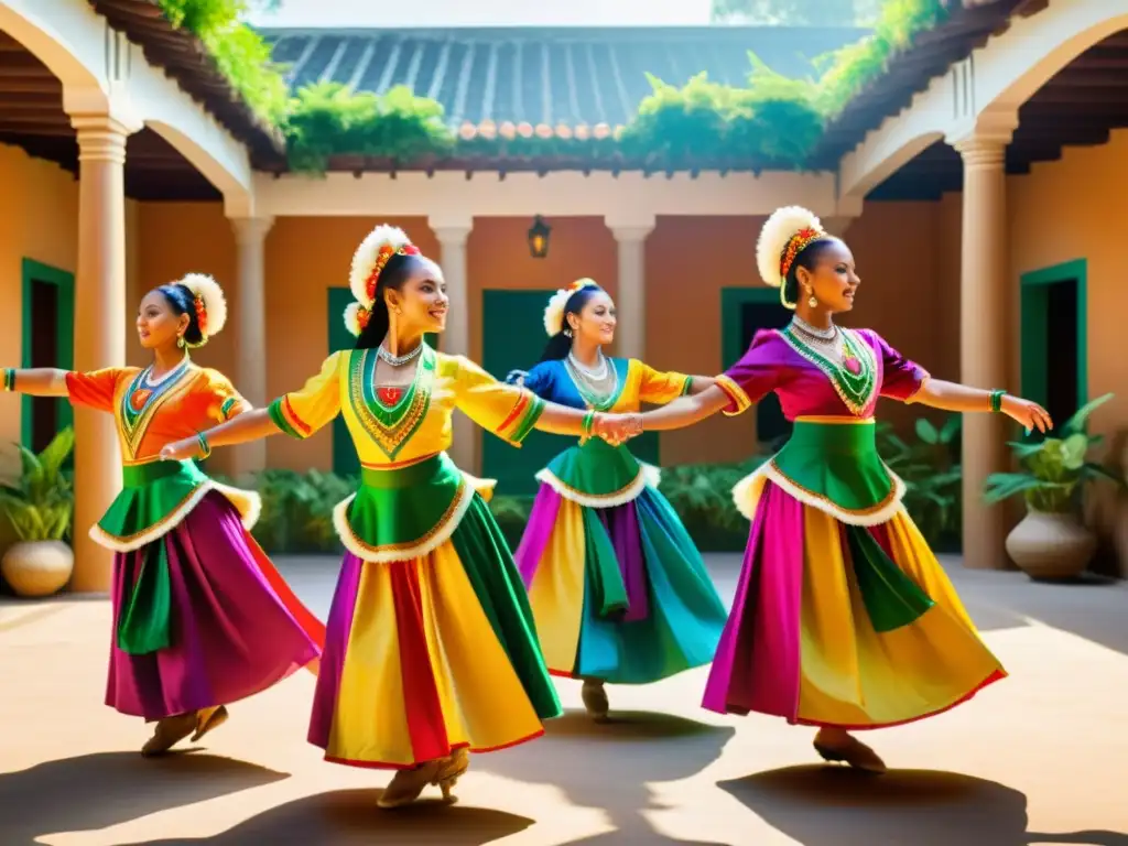 Grupo de bailarines tradicionales en vibrantes trajes, ejecutando movimientos sincronizados en un patio soleado