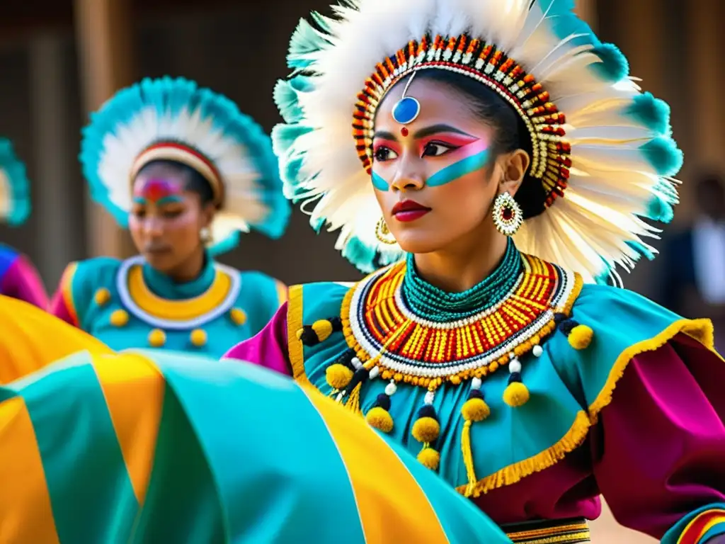 Grupo de bailarines tradicionales en vibrantes trajes, representando el significado cultural de los colores en danzas tradicionales