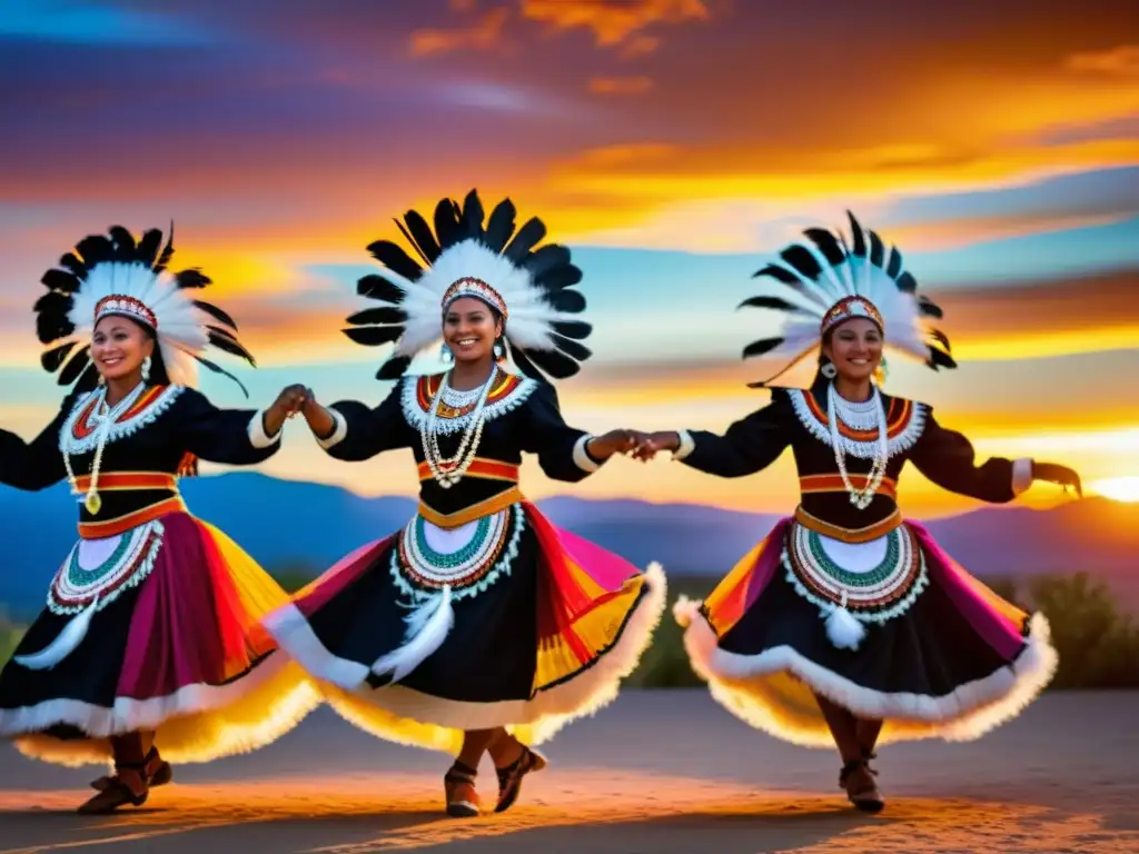 Grupo de bailarines tradicionales en vibrantes trajes, danzando al atardecer