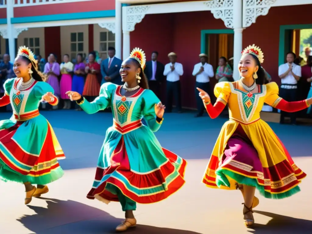 Un grupo de bailarines tradicionales en vibrantes trajes realizando una danza enérgica al aire libre, rodeados de espectadores entusiastas