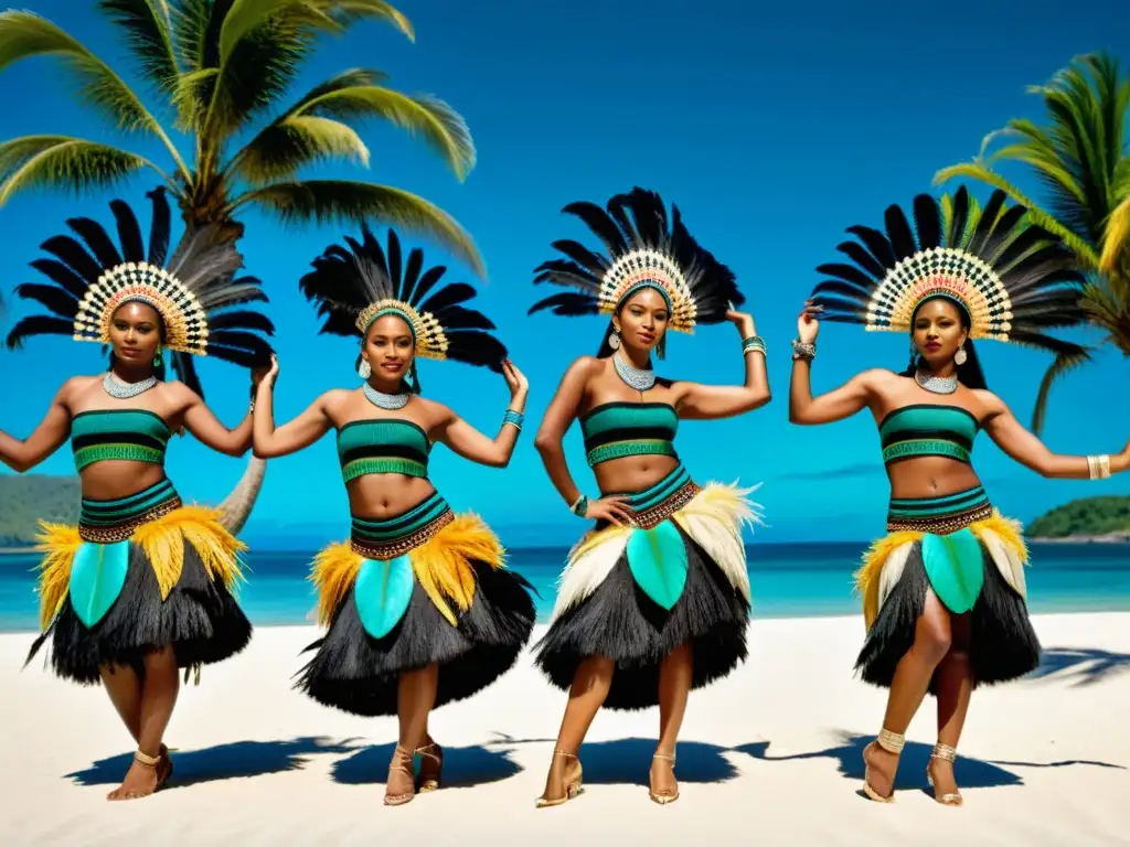 Grupo de bailarines tradicionales de Oceanía en vibrantes trajes adornados con plumas y conchas, danzando en un festival cultural