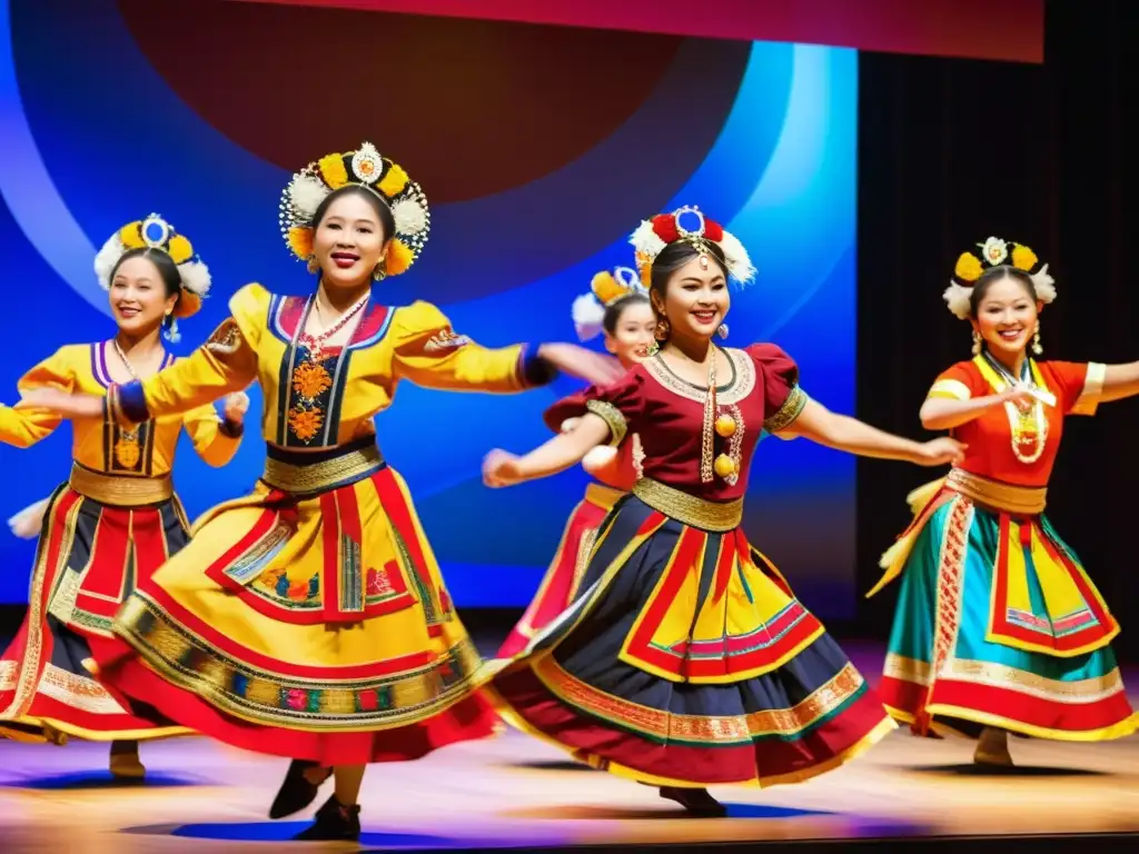 Un grupo de bailarines tradicionales en vibrantes trajes ejecutan una rutina expresiva en un escenario, mientras el público aplaude