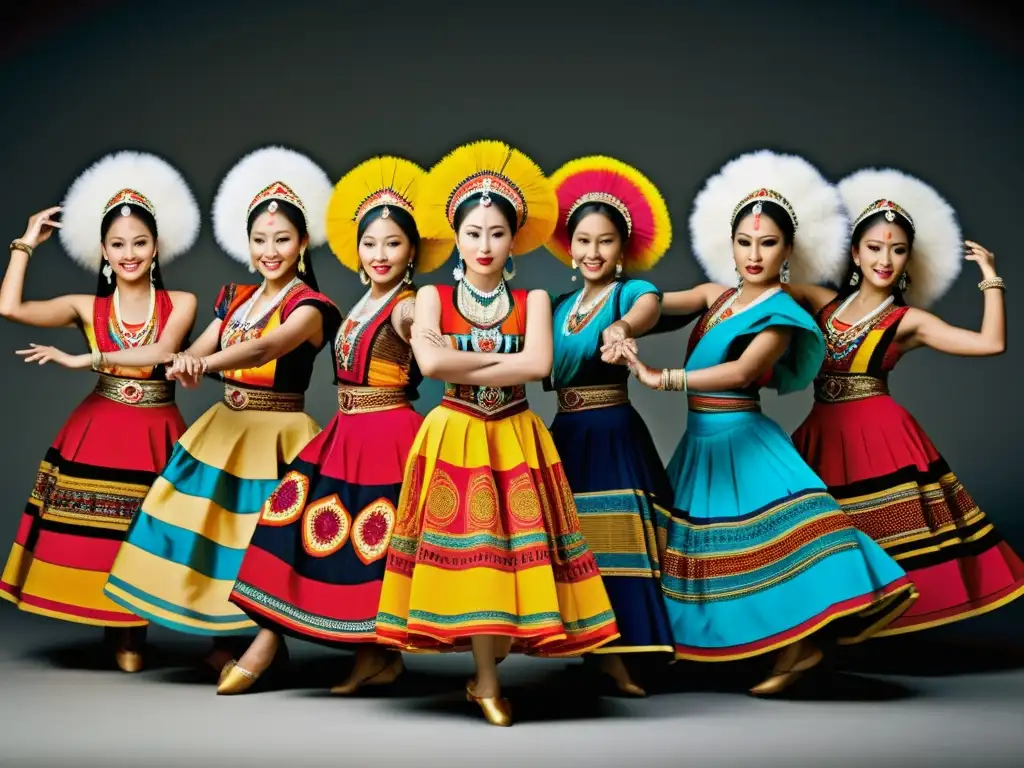 Un grupo de bailarines tradicionales en vibrantes trajes danzando en una actuación dinámica