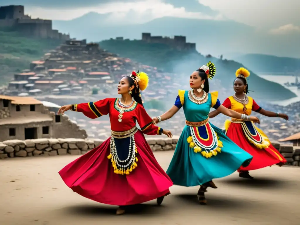 Grupo de bailarines tradicionales en vibrantes trajes ejecutan danza emotiva en ciudad devastada, resaltando impacto cultural de danzas tradicionales en conflicto