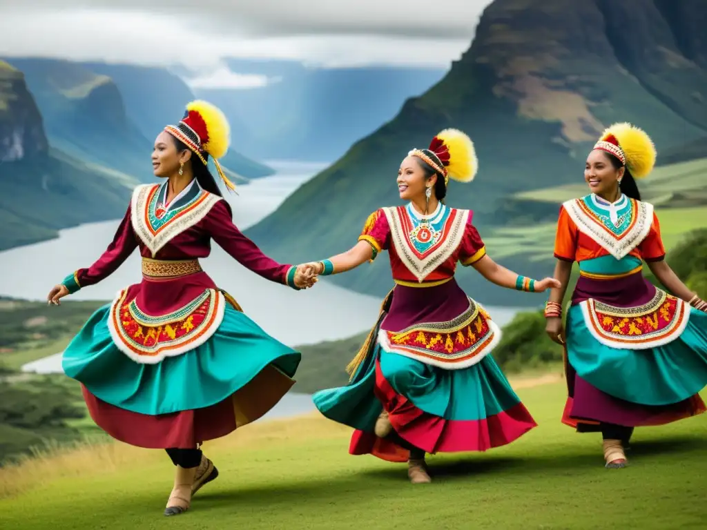 Grupo de bailarines tradicionales en vibrantes trajes, danzando en paisaje natural