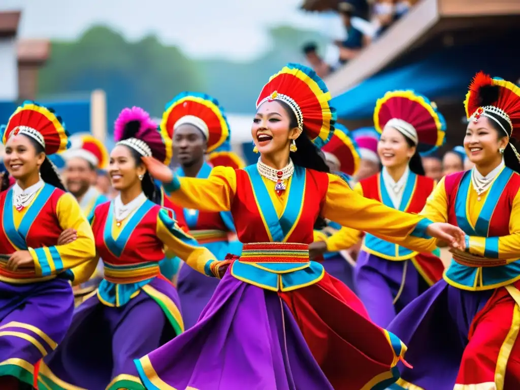 Grupo de bailarines tradicionales en vibrantes trajes, movimientos poderosos capturados en el aire, rodeados de admiradores