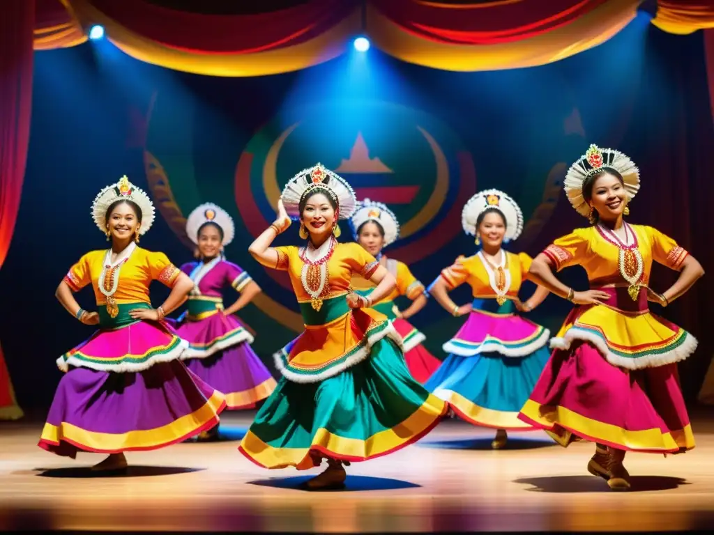 Grupo de bailarines tradicionales en vibrantes trajes, cautivando con su coreografía en un escenario decorado