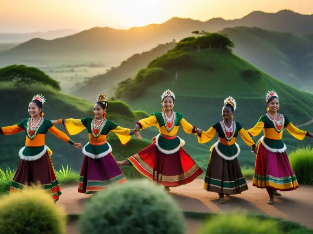 Grupo de bailarines tradicionales en vibrantes trajes, danzando al atardecer en un paisaje exuberante