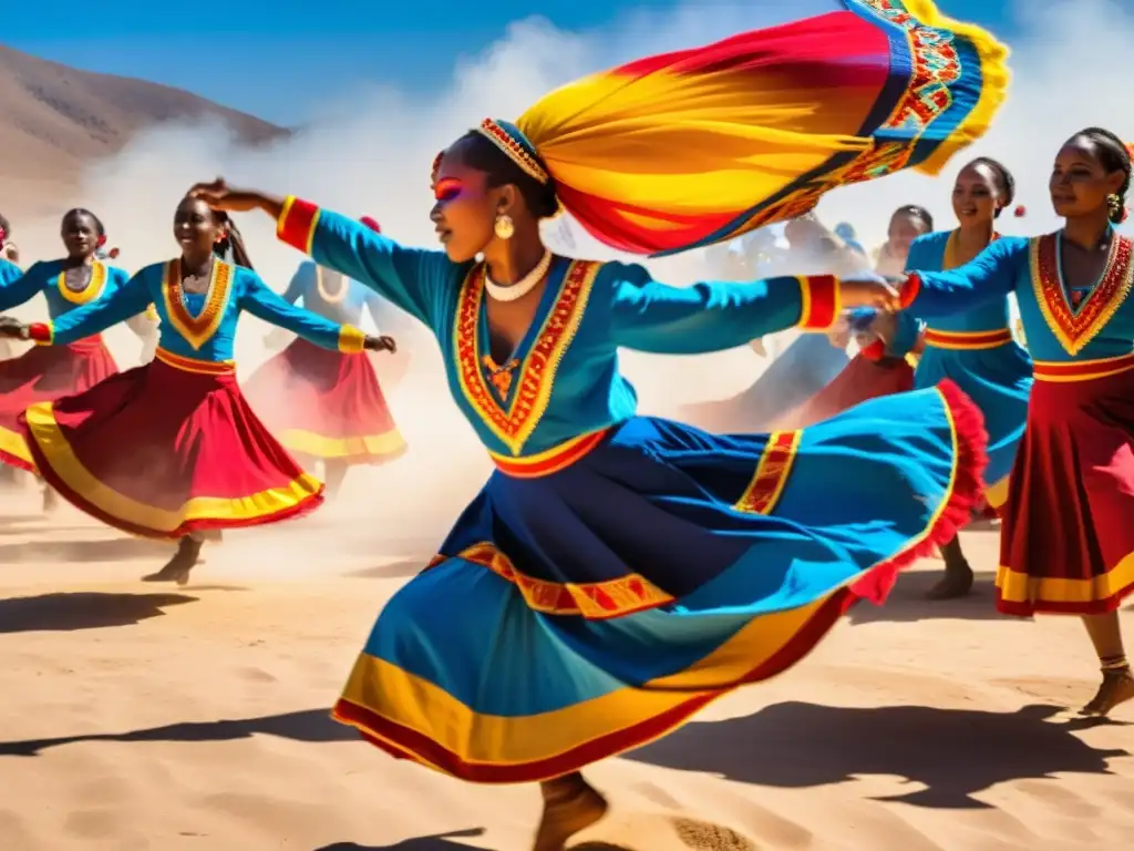 Grupo de bailarines tradicionales en vibrantes trajes, saltando con energía, rodeados de espectadores asombrados al atardecer