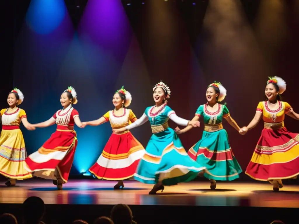 Grupo de bailarines tradicionales en vibrantes trajes danzando en un escenario iluminado, expresando la esencia de su cultura