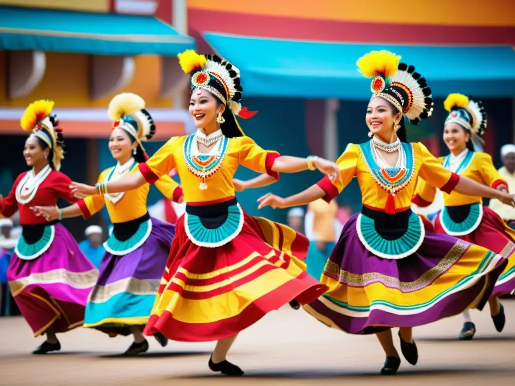 Un grupo de bailarines tradicionales en vibrantes trajes, ejecutando una danza sincronizada en un festival cultural