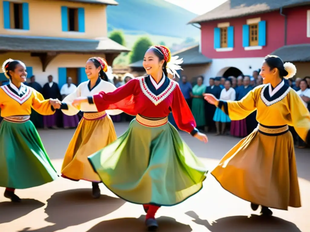 Grupo de bailarines tradicionales en vibrantes trajes danzando en la plaza del pueblo al sol