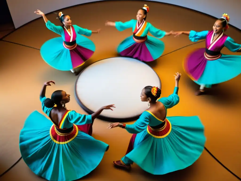 Grupo de bailarines tradicionales en vibrantes trajes moviéndose en círculo al ritmo de músicos