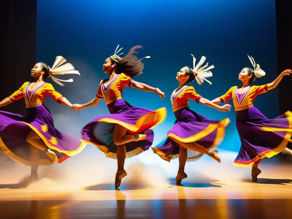 Un grupo de bailarines tradicionales en vibrantes trajes danzando con gracia, destacando la agilidad en danzas tradicionales