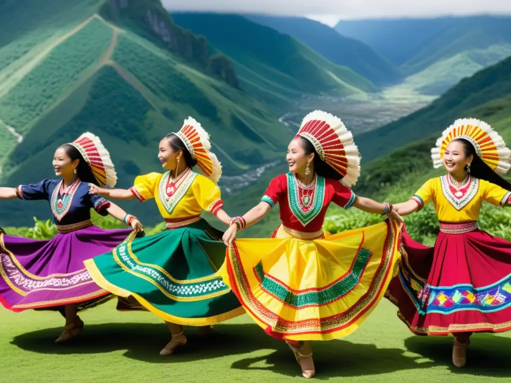 Grupo de bailarines tradicionales en vibrantes trajes, realizando una rutina en la montaña