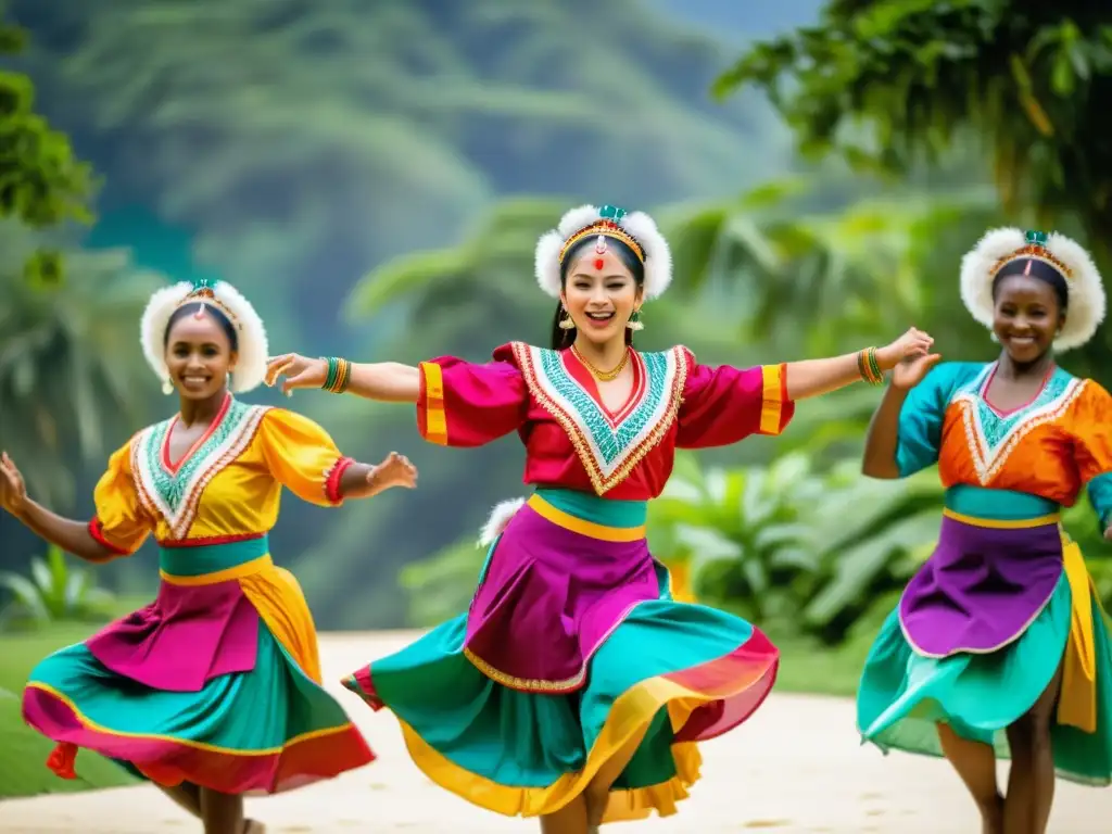 Grupo de bailarines tradicionales en vibrantes trajes coloridos realizando una rutina dinámica al aire libre