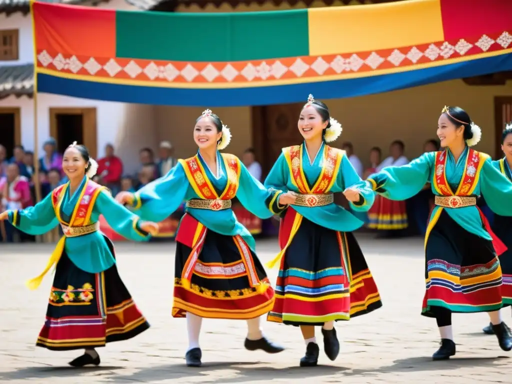 Grupo de bailarines tradicionales en vibrantes trajes, capturando la energía de su danza cultural en una plaza llena de espectadores y decoraciones tradicionales