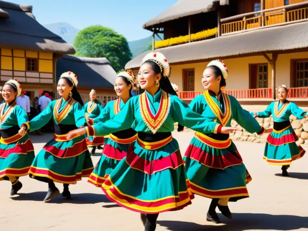 Grupo de bailarines tradicionales en vibrantes trajes, realizando una danza sincronizada en una plaza soleada