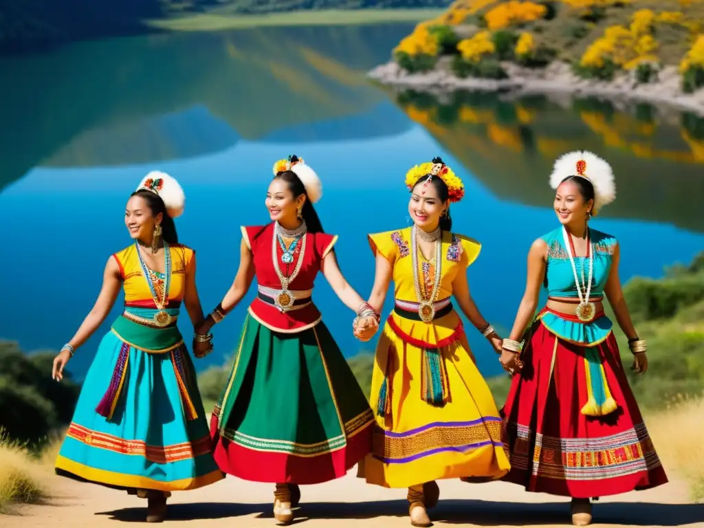 Grupo de bailarines tradicionales en vibrantes trajes danzando en paisaje natural