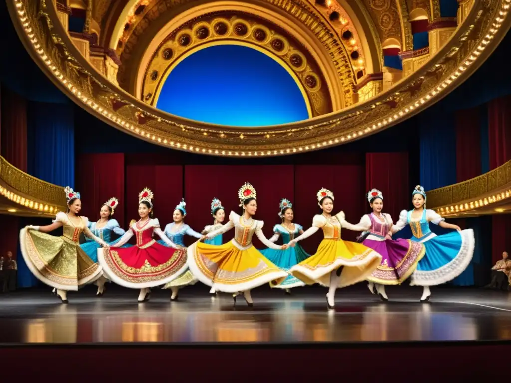 Un grupo de bailarines tradicionales en vibrantes trajes detallados, moviéndose en armonía sincronizada en un teatro histórico