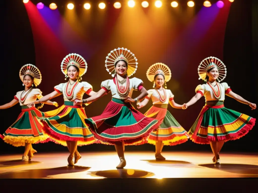 Grupo de bailarines tradicionales en vibrantes trajes detallados, en escenario iluminado cálidamente