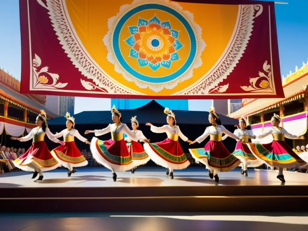 Grupo de bailarines tradicionales en vibrantes trajes, danza en un escenario soleado, rodeados de una audiencia diversa de todas las edades, transmitiendo la pasión y alegría de los festivales de danza tradicional mundial