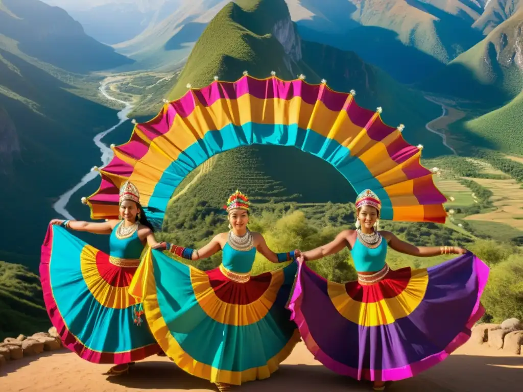 Grupo de bailarines tradicionales vibrantes en el festival Cacharpaya, norte argentino, con trajes coloridos y paisaje montañoso impresionante