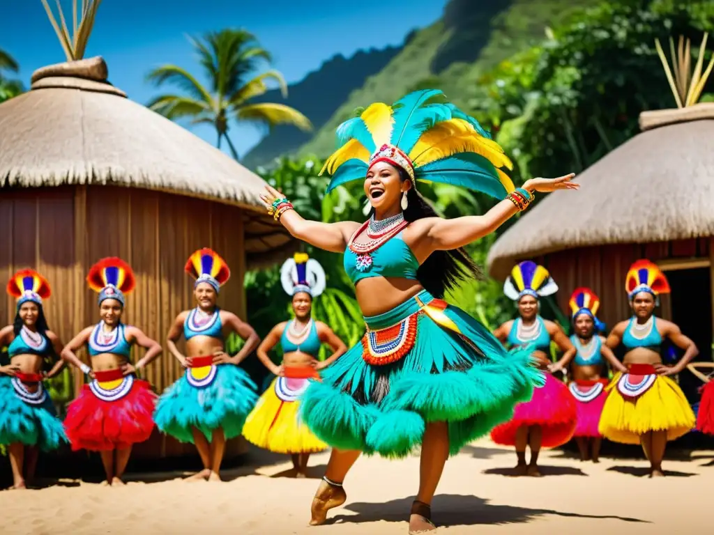 Un grupo de bailarines tradicionales de Oceanía en vibrantes trajes de plumas, capturados en pleno movimiento