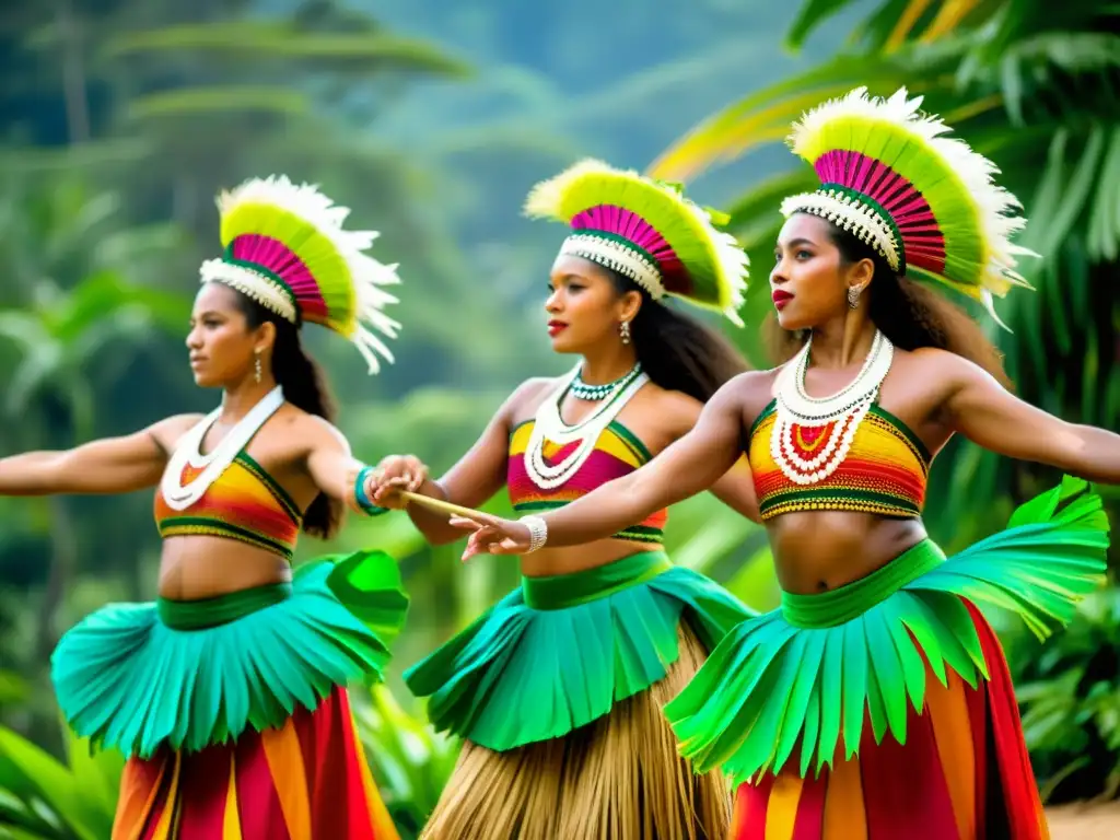 Grupo de bailarines tradicionales de Oceanía en vibrantes trajes tejidos, danzando en paisaje tropical