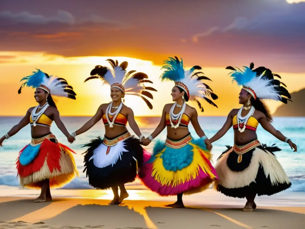 Un grupo de bailarines tradicionales del Pacífico en vibrantes trajes de plumas, danzando al atardecer en un festival de danza en Oceanía