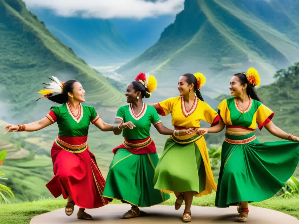 Un grupo de bailarines tradicionales en vibrantes trajes danzando ante montañas verdes