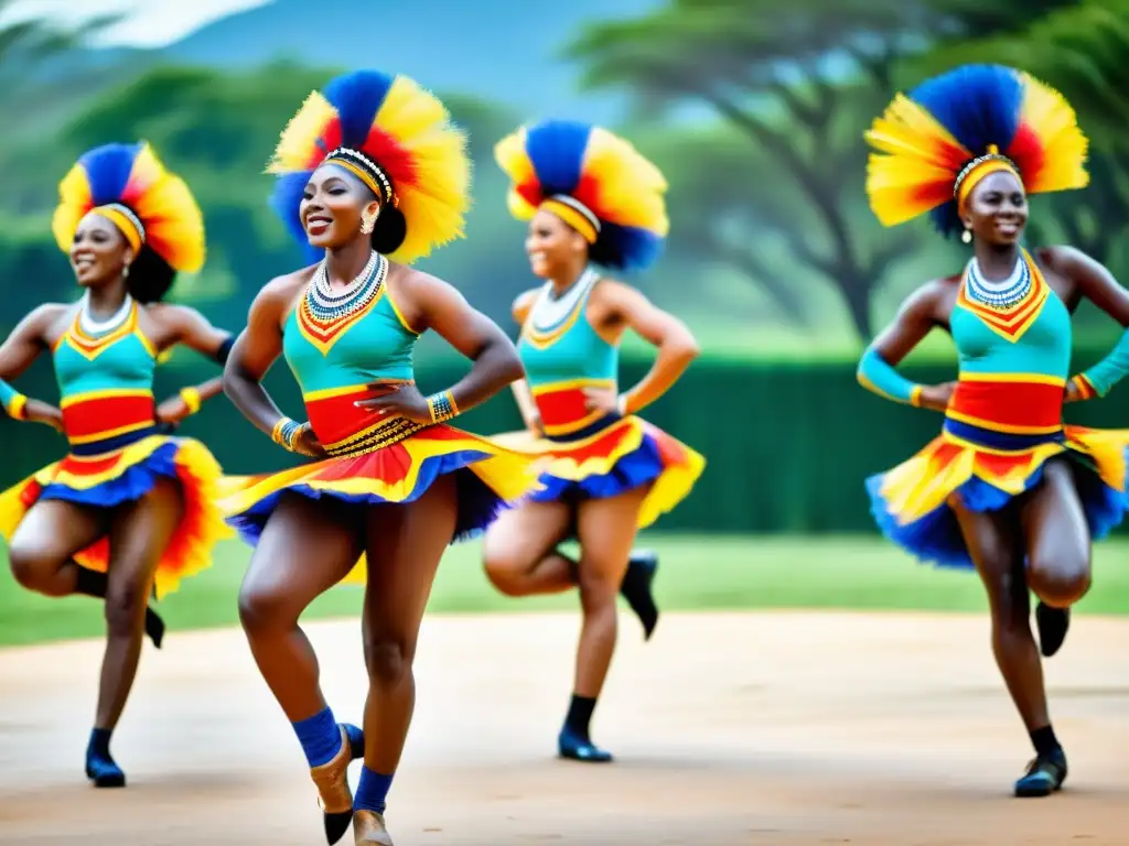 Un grupo de bailarines en trajes africanos ejecutan el baile Mapouka al aire libre, transmitiendo energía y cultura