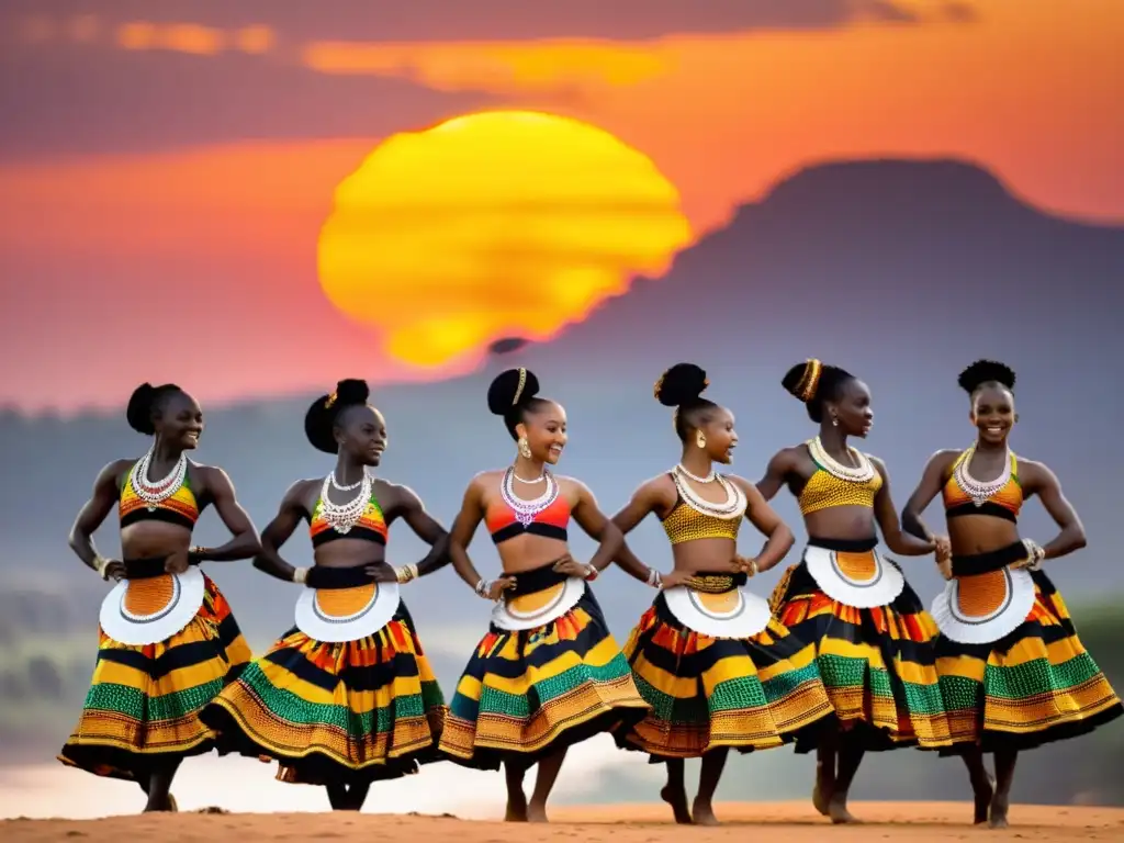 Grupo de bailarines en trajes africanos realiza una rutina dinámica al atardecer