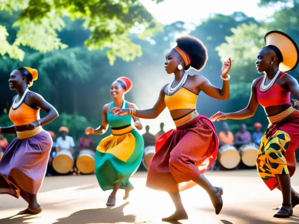 Grupo de bailarines en trajes africanos, danzando al ritmo de tambores