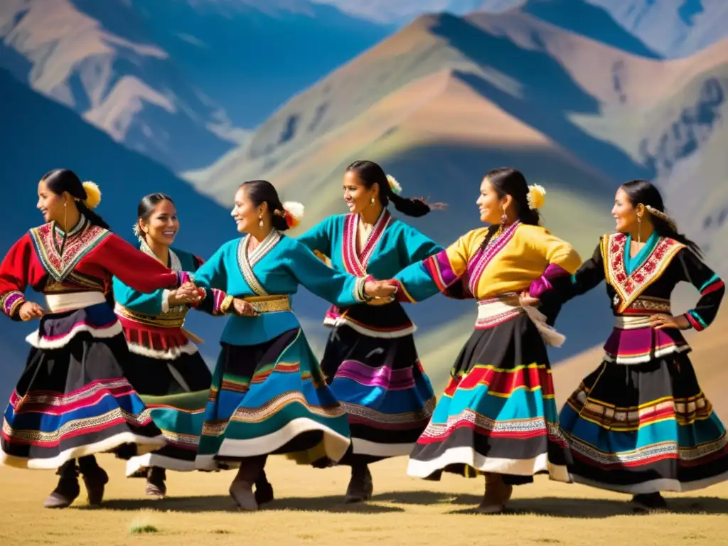 Un grupo de bailarines con trajes andinos danza romántica andina técnica en los majestuosos Andes, con expresiones apasionadas y movimientos fluidos