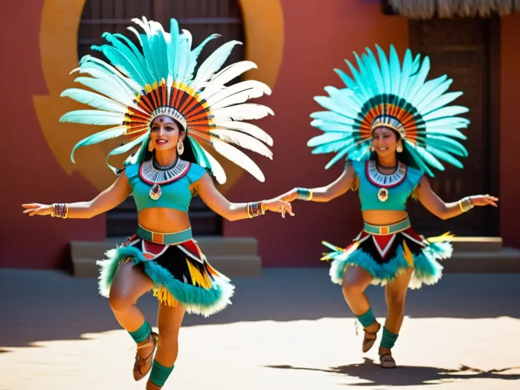 Grupo de bailarines en trajes aztecas realizando una danza hipnotizante en un patio soleado, rodeados de espectadores asombrados