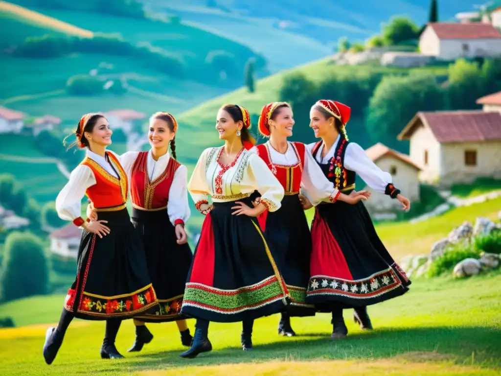 Grupo de bailarines con trajes balcánicos realizando una danza folclórica