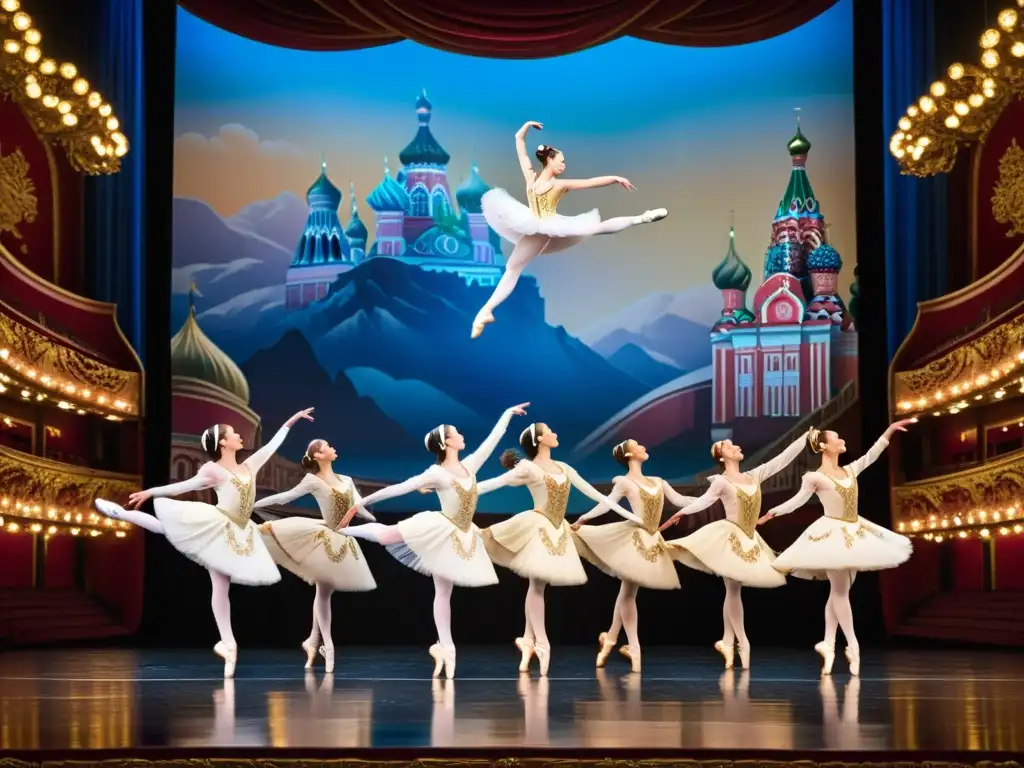 Grupo de bailarines en trajes de ballet ruso en un teatro majestuoso