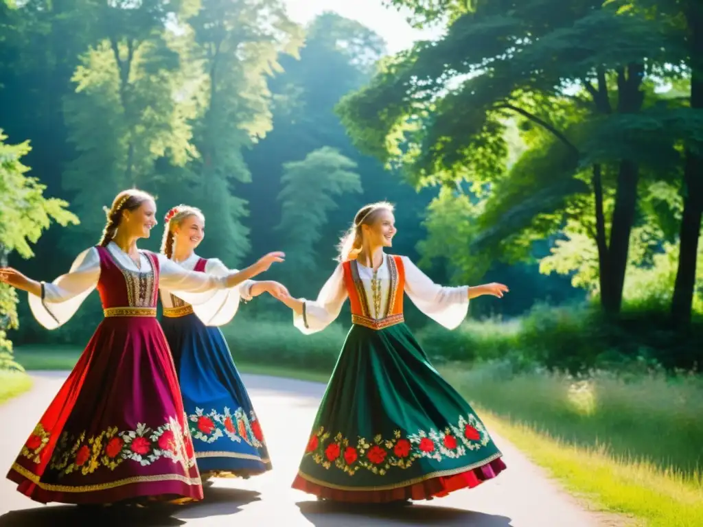 Grupo de bailarines en trajes bálticos danzando en el Festival de Danza Báltica, celebrando la riqueza cultural con pasión y colorido