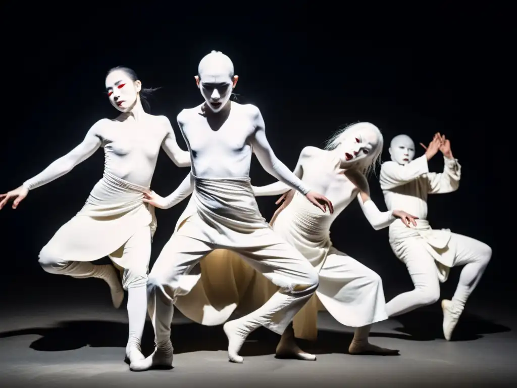 Grupo de bailarines Butoh en trajes blancos retorcidos en poses misteriosas