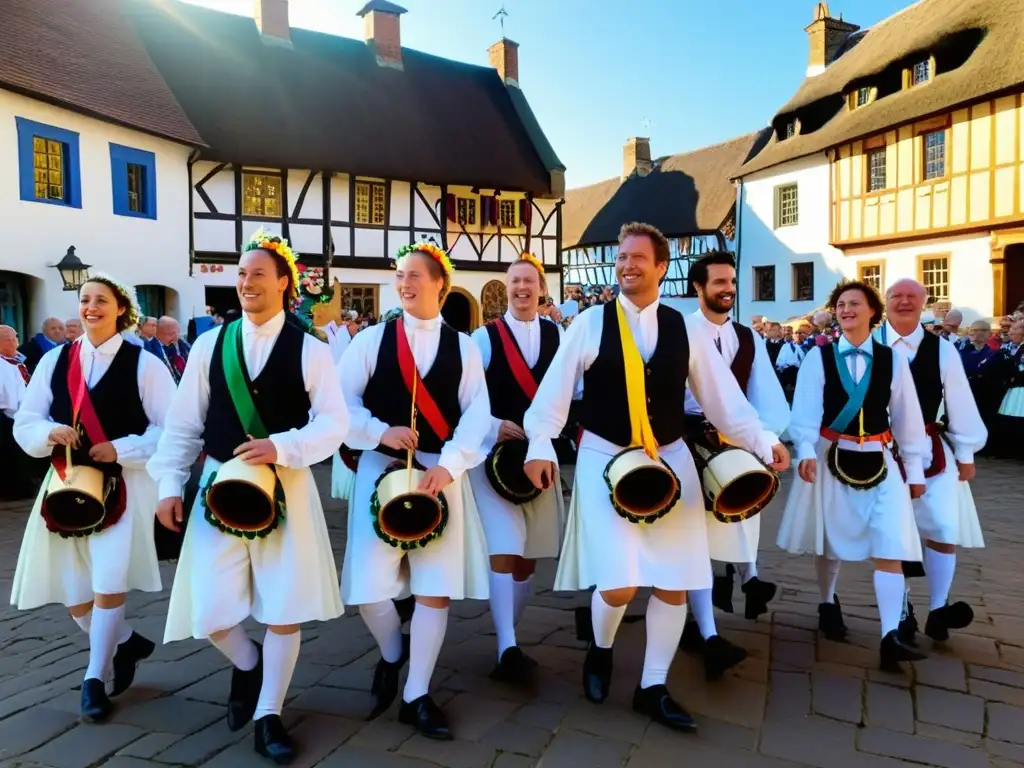 Grupo de bailarines Morris, vistiendo trajes blancos con cintas y campanillas, realizando pasos de baile en una plaza vibrante