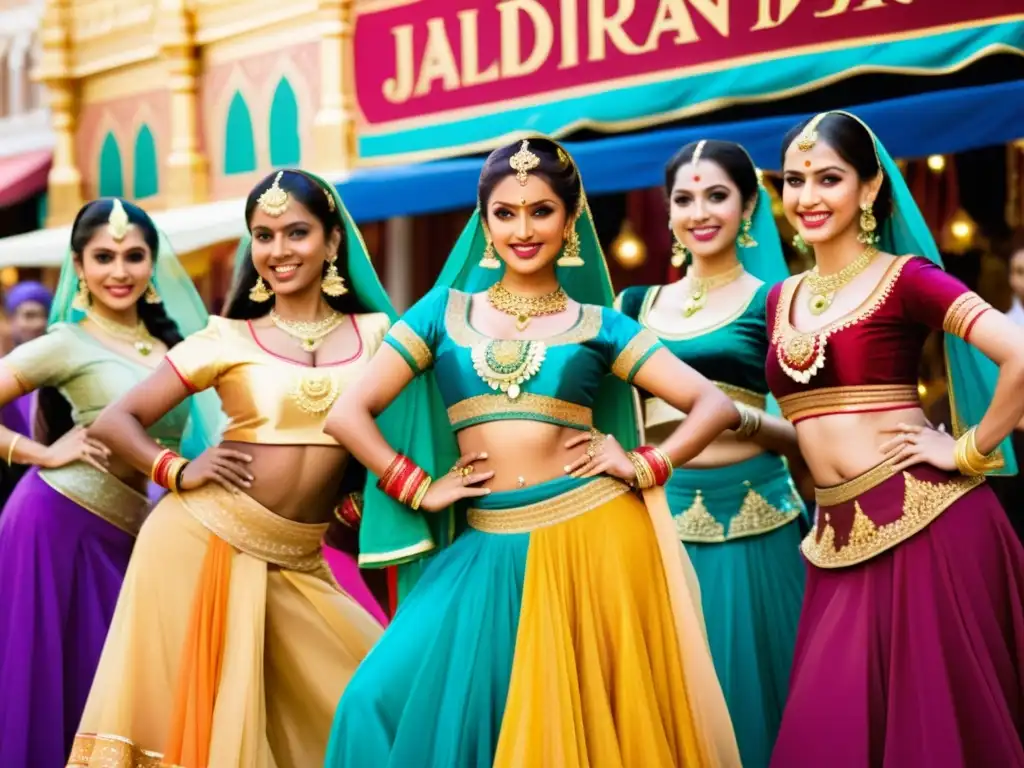 Grupo de bailarines en trajes de Bollywood, con movimientos y expresiones cautivadoras en un bullicioso mercado indio