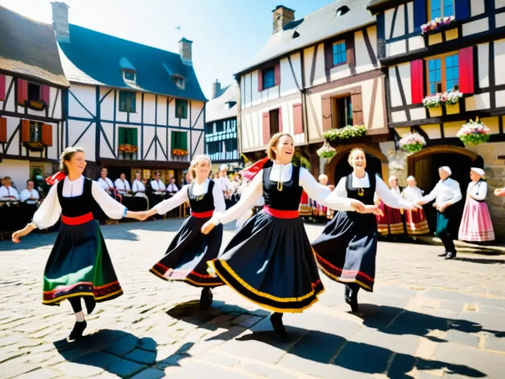 Grupo de bailarines en trajes bretones danzando en la plaza del pueblo, preservación de la danza bretona