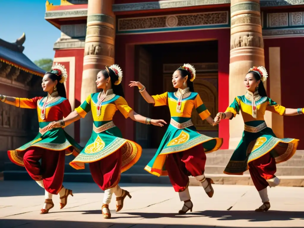 Grupo de bailarines con trajes de brocado, danza tradicional en templo antiguo, capturando la belleza de los tejidos tradicionales en la danza