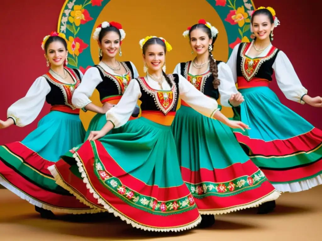 Un grupo de bailarines con trajes folclóricos búlgaros, ejecutando movimientos sincronizados en un ambiente vibrante y colorido